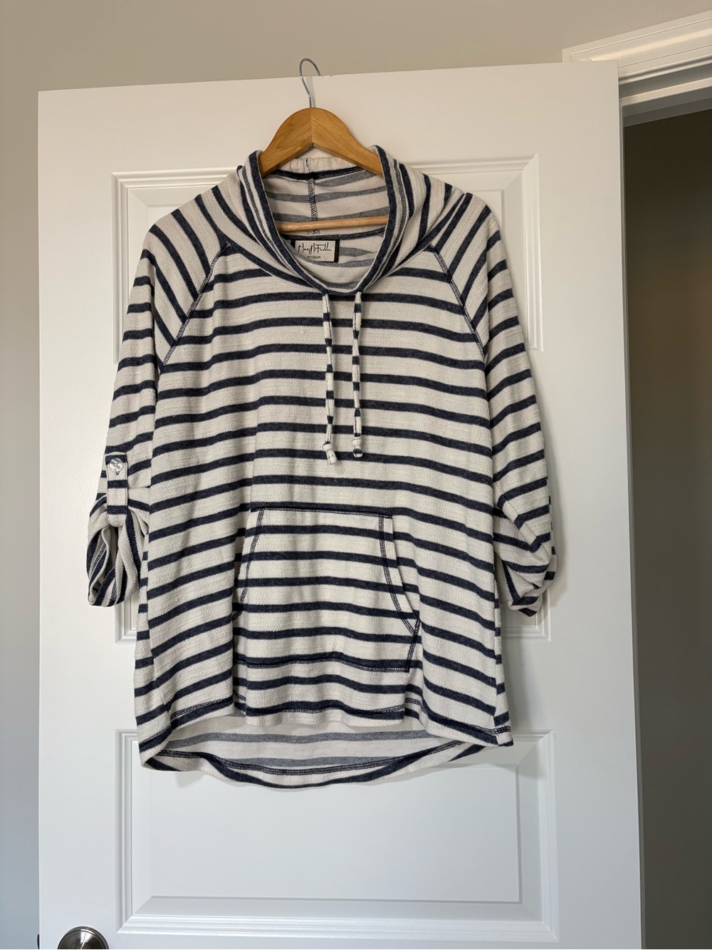 Coastal Grandmillenial Cotton Blend Striped Knit Sweatshirt Size 1x Navy & White